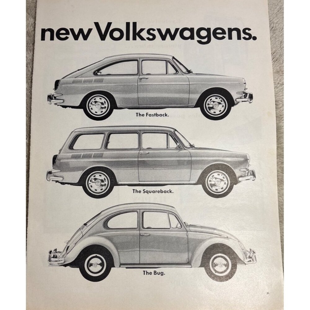 1960s Volkswagen Advertisement Double Page Fastback Squareback & Bug Models